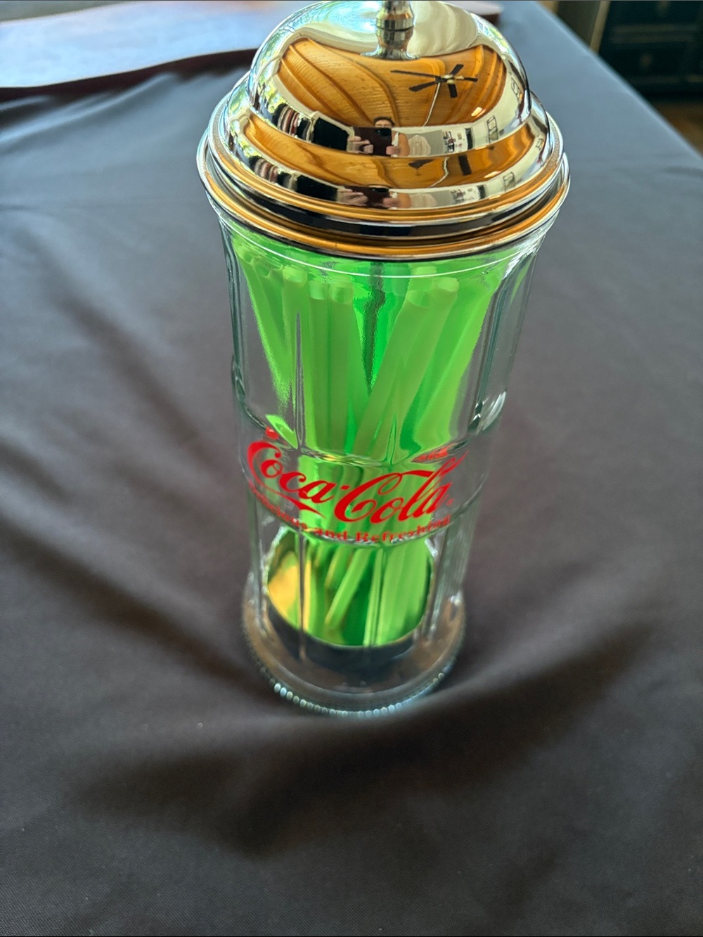 Coca Cola Clear Glass Straw Holder with Red Logo and Lime Green Straws